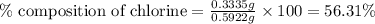 \%\text{ composition of chlorine}=\frac{0.3335g}{0.5922g}\times 100=56.31\%