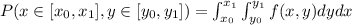 P(x\in [x_0, x_1], y\in [y_0, y_1])=\int_{x_0}^{x_1}\int_{y_0}^{y_1}f(x,y)dydx