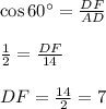 \cos 60\textdegree=\frac{DF}{AD}\\\\\frac{1}{2}=\frac{DF}{14}\\\\DF=\frac{14}{2}=7
