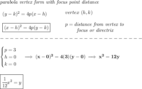 \bf \textit{parabola vertex form with focus point distance}\\\\&#10;\begin{array}{llll}&#10;(y-{{ k}})^2=4{{ p}}(x-{{ h}}) \\\\&#10;\boxed{(x-{{ h}})^2=4{{ p}}(y-{{ k}})} \\&#10;\end{array}&#10;\qquad &#10;\begin{array}{llll}&#10;vertex\ ({{ h}},{{ k}})\\\\&#10;{{ p}}=\textit{distance from vertex to }\\&#10;\qquad \textit{ focus or directrix}&#10;\end{array}\\\\&#10;-----------------------------\\\\&#10;\begin{cases}&#10;p=3\\&#10;h=0\\&#10;k=0&#10;\end{cases}\implies (x-0)^2=4(3)(y-0)\implies x^2=12y&#10;\\\\\\&#10;\boxed{\cfrac{1}{12}x^2=y}