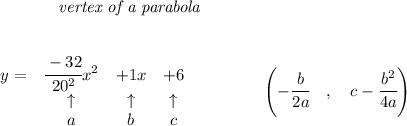 \bf \qquad \qquad \textit{vertex of a parabola}\\ \quad \\&#10;&#10;\begin{array}{lccclll}&#10;y=&\cfrac{-32}{20^2}x^2&+1x&+6\\&#10;&\uparrow &\uparrow &\uparrow \\&#10;&a&b&c&#10;\end{array}&#10;\qquad \qquad&#10;\left(-\cfrac{{{ b}}}{2{{ a}}}\quad ,\quad  {{ c}}-\cfrac{{{ b}}^2}{4{{ a}}}\right)