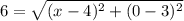 6=\sqrt{(x-4)^2+(0-3)^2}