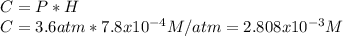 C=P*H\\C=3.6 atm * 7.8x10^{-4} M/atm=2.808x10^{-3} M\\