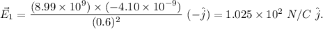 \vec E_1 = \dfrac{(8.99\times 10^9)\times (-4.10\times 10^{-9})}{(0.6)^2}\ (-\hat j)=1.025\times 10^2\ N/C\ \hat j.
