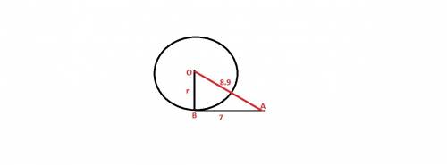 Ab is tangent to circle o at b.  if ab = 7 and ao = 8.9, what is the length of radius r to the neare
