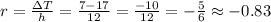 r=\frac{\Delta T}{h}=\frac{7-17}{12}=\frac{-10}{12} =-\frac{5}{6}\approx -0.83