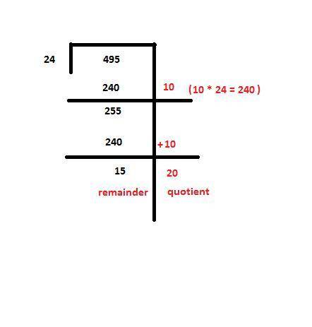 Nyree divided 495 by 24 using partial quotients.find the quotient and remainder.explain your answer
