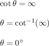 \cot \theta=\infty\\\\\theta=\cot^{-1}(\infty)\\\\\theta=0^\circ