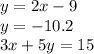 y=2x-9\\y=-10.2\\3x+5y=15