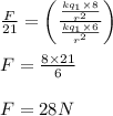 \frac{F}{21}=\left(\frac{\frac{kq_1\times 8}{r^2}}{\frac{kq_1\times 6}{r^2}}\right)\\\\F=\frac{8\times 21}{6}\\\\F=28N