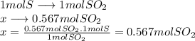 1mol S\longrightarrow 1 mol SO_{2}\\ x\longrightarrow 0.567mol SO_{2}\\ x=\frac{0.567 mol SO_{2}.1molS}{1molSO_2} =0.567mol SO_{2}