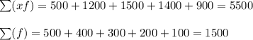 \sum (xf) = 500+1200+1500+1400+900=5500\\\\ \sum(f)=500+400+300+200+100=1500