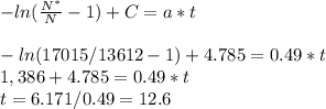 -ln(\frac{N^{*} }{N}-1)+C=a*t\\\\-ln(17015/13612-1)+4.785=0.49*t\\1,386+4.785=0.49*t\\t= 6.171/0.49 = 12.6