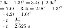7.6t+1.3t^2=3.4t+2.9t^2\\\Rightarrow 7.6t-3.4t=2.9t^2-1.3t^2\\\Rightarrow 4.2t=1.6t^2\\\Rightarrow t=\frac{4.2}{1.6}\\\Rightarrow t=2.625\ s