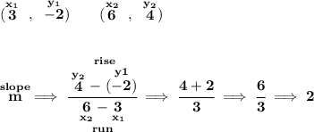 \bf (\stackrel{x_1}{3}~,~\stackrel{y_1}{-2})\qquad (\stackrel{x_2}{6}~,~\stackrel{y_2}{4}) \\\\\\ \stackrel{slope}{m}\implies \cfrac{\stackrel{rise} {\stackrel{y_2}{4}-\stackrel{y1}{(-2)}}}{\underset{run} {\underset{x_2}{6}-\underset{x_1}{3}}}\implies \cfrac{4+2}{3}\implies \cfrac{6}{3}\implies 2