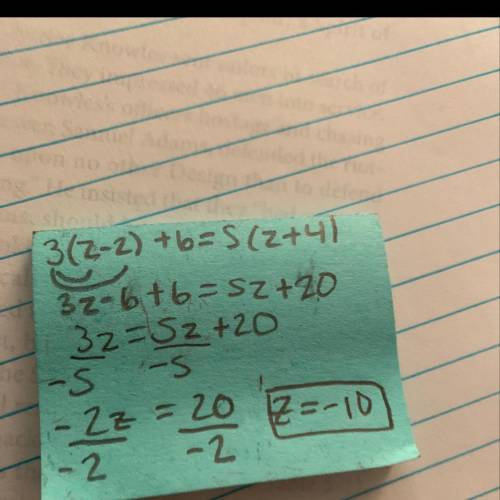 3(z-2)+6 = 5(z+4) howdo u fine the answer to this question​