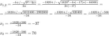 x_{1,2} = \frac{-b+/- \sqrt{ b^{2}-4ac } }{2a} = \frac{-1820+/- \sqrt{ 1820^{2}-4*(-17)*(-44000) } }{2*(-17)} = \\  \\ = \frac{-1820+/- \sqrt{3312400-2992000 } }{-34} = \frac{-1820+/- \sqrt{320400} }{-34} =\frac{-1820+/- 566}{-34}  \\  \\ &#10;x_1= \frac{-1820+ 566}{-34}= -37 \\  \\ &#10;x_2 = \frac{-1820- 566}{-34}=70
