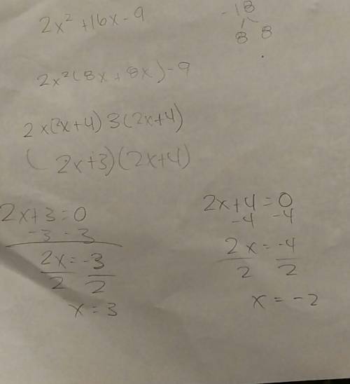 What are the zeros of the quadratic function f(x) = 2x2 + 16x – 9?