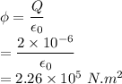 \phi =\dfrac{Q}{\epsilon_0}\\\pji=\dfrac{2\times10^{-6}}{\epsilon_0}\\\pji=2.26\times 10^{5}\ N.m^2\C