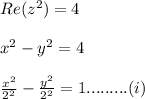 Re(z^2)=4\\\\x^{2}-y^2=4\\\\\frac{x^2}{2^2}-\frac{y^2}{2^2}=1.........(i)