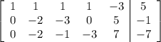 \left[\begin{array}{ccccc|c}1&1&1&1&-3&5\\0&-2&-3&0&5&-1\\0&-2&-1&-3&7&-7\end{array}\right]