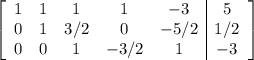 \left[\begin{array}{ccccc|c}1&1&1&1&-3&5\\0&1&3/2&0&-5/2&1/2\\0&0&1&-3/2&1&-3\end{array}\right]