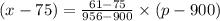 (x - 75)=\frac{61-75}{956-900}\times(p-900)