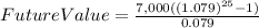 FutureValue=\frac{7,000((1.079)^{25} -1)}{0.079}
