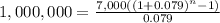 1,000,000=\frac{7,000((1+0.079)^{n}-1) }{0.079}