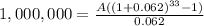 1,000,000=\frac{A((1+0.062)^{33} -1)}{0.062}