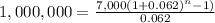 1,000,000=\frac{7,000(1+0.062)^{n}-1) }{0.062}