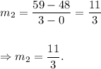 m_2=\dfrac{59-48}{3-0}=\dfrac{11}{3}\\\\\\\Rightarrow m_2=\dfrac{11}{3}.