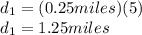 d_1=(0.25miles)(5)\\d_1=1.25miles