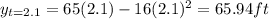 y_{t=2.1}=65(2.1)-16(2.1)^{2} =65.94ft