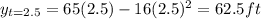 y_{t=2.5}=65(2.5)-16(2.5)^{2} =62.5ft