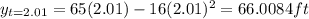 y_{t=2.01}=65(2.01)-16(2.01)^{2} =66.0084ft