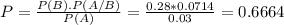 P = \frac{P(B).P(A/B)}{P(A)} = \frac{0.28*0.0714}{0.03} = 0.6664