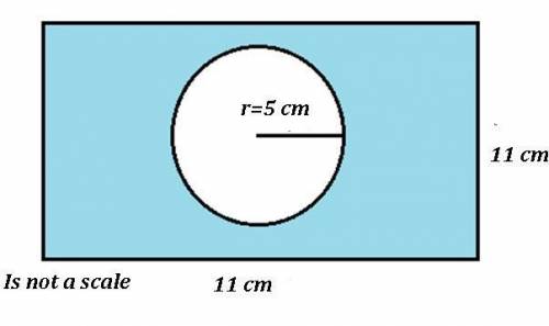 Acircle with radius of 5cm sits inside a 11cm×11cm rectangle. what is the area of the shaded region?