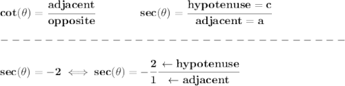 \bf cot(\theta)=\cfrac{adjacent}{opposite}\qquad \qquad sec(\theta)=\cfrac{hypotenuse=c}{adjacent=a}\\\\&#10;-------------------------------\\\\&#10;sec(\theta)=-2\iff sec(\theta)=-\cfrac{2}{1} \cfrac{\leftarrow  hypotenuse}{\leftarrow  adjacent}