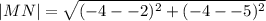 |MN|=\sqrt{(-4--2)^2+(-4--5)^2}