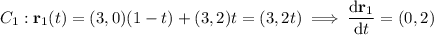 C_1:\mathbf r_1(t)=(3,0)(1-t)+(3,2)t=(3,2t)\implies\dfrac{\mathrm d\mathbf r_1}{\mathrm dt}=(0,2)