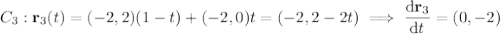 C_3:\mathbf r_3(t)=(-2,2)(1-t)+(-2,0)t=(-2,2-2t)\implies\dfrac{\mathrm d\mathbf r_3}{\mathrm dt}=(0,-2)