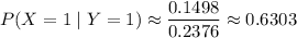 P(X=1\mid Y=1)\approx\dfrac{0.1498}{0.2376}\approx0.6303