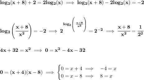 \bf log_2(x+8)+2=2log_2(x)\implies log_2(x+8)-2log_2(x)=-2&#10;\\\\\\&#10;log_2\left(\cfrac{x+8}{x^2}  \right)=-2\implies 2^{log_2\left(\cfrac{}{}\frac{x+8}{x^2}  \right)}=2^{-2}\implies \cfrac{x+8}{x^2}=\cfrac{1}{2^2}&#10;\\\\\\&#10;4x+32=x^2\implies 0=x^2-4x-32&#10;\\\\\\&#10;0=(x+4)(x-8)\implies &#10;\begin{cases}&#10;0=x+4\implies &-4=x\\&#10;0=x-8\implies &8=x&#10;\end{cases}