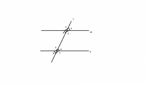 In the figure below, lines m and n are parallel:  two parallel lines are shown crossed by a transver