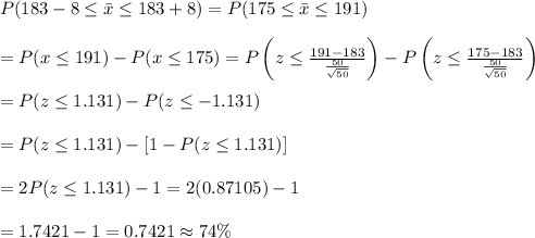 P(183-8\leq\bar{x}\leq183+8)=P(175\leq\bar{x}\leq191) \\ \\ =P(\bbar{x}\leq191)-P(\bbar{x}\leq175)=P\left(z\leq \frac{191-183}{ \frac{50}{ \sqrt{50} } } \right)-P\left(z\leq \frac{175-183}{ \frac{50}{ \sqrt{50} } } \right) \\ \\ =P(z\leq1.131)-P(z\leq-1.131) \\ \\ =P(z\leq1.131)-[1-P(z\leq1.131)] \\ \\ =2P(z\leq1.131)-1=2(0.87105)-1 \\ \\ =1.7421-1=0.7421\approx74\%