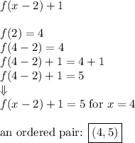 f(x-2)+1 \\ \\&#10;f(2)=4 \\&#10;f(4-2)=4 \\&#10;f(4-2)+1=4+1 \\&#10;f(4-2)+1=5 \\ \Downarrow \\ &#10;f(x-2)+1=5 \hbox{ for } x=4 \\ \\&#10;\hbox{an ordered pair: } \boxed{(4,5)}