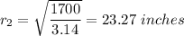 r_2=\sqrt{\dfrac{1700}{3.14}} =23.27\ inches