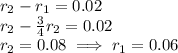 r_2-r_1 = 0.02\\r_2-\frac{3}{4}r_2=0.02\\r_2=0.08 \implies r_1=0.06