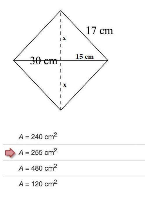 Identify the area of the rhombus. the answer with the red arrow is incorrect!